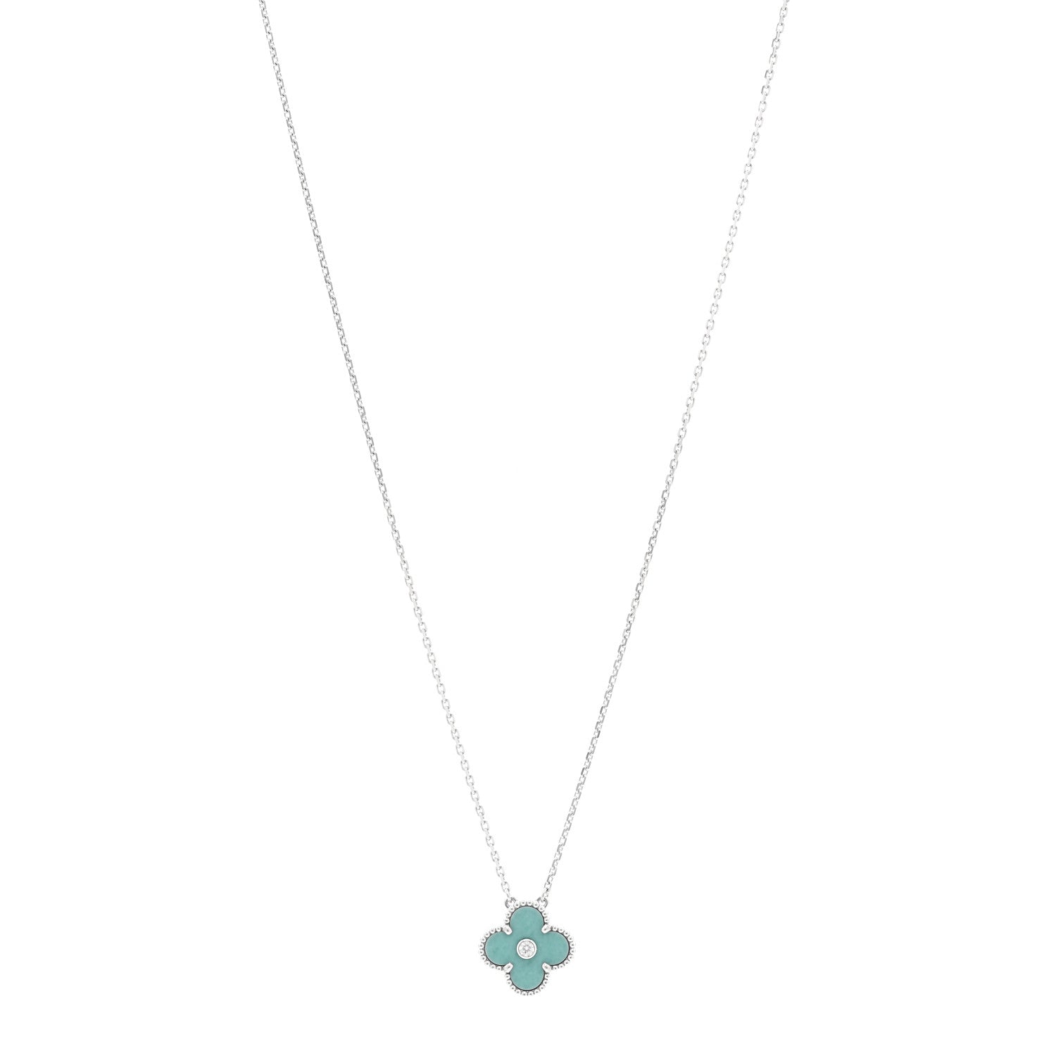 Van Cleef & Arpels 18K White Gold Diamond Celadon Green Sevres Porcelain Vintage Alhambra Pendant Necklace 1 of 6