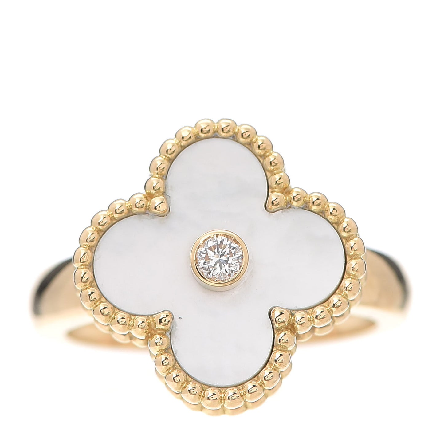 18K Yellow Gold Diamond Mother of Pearl Vintage Alhambra Ring 51 5.75