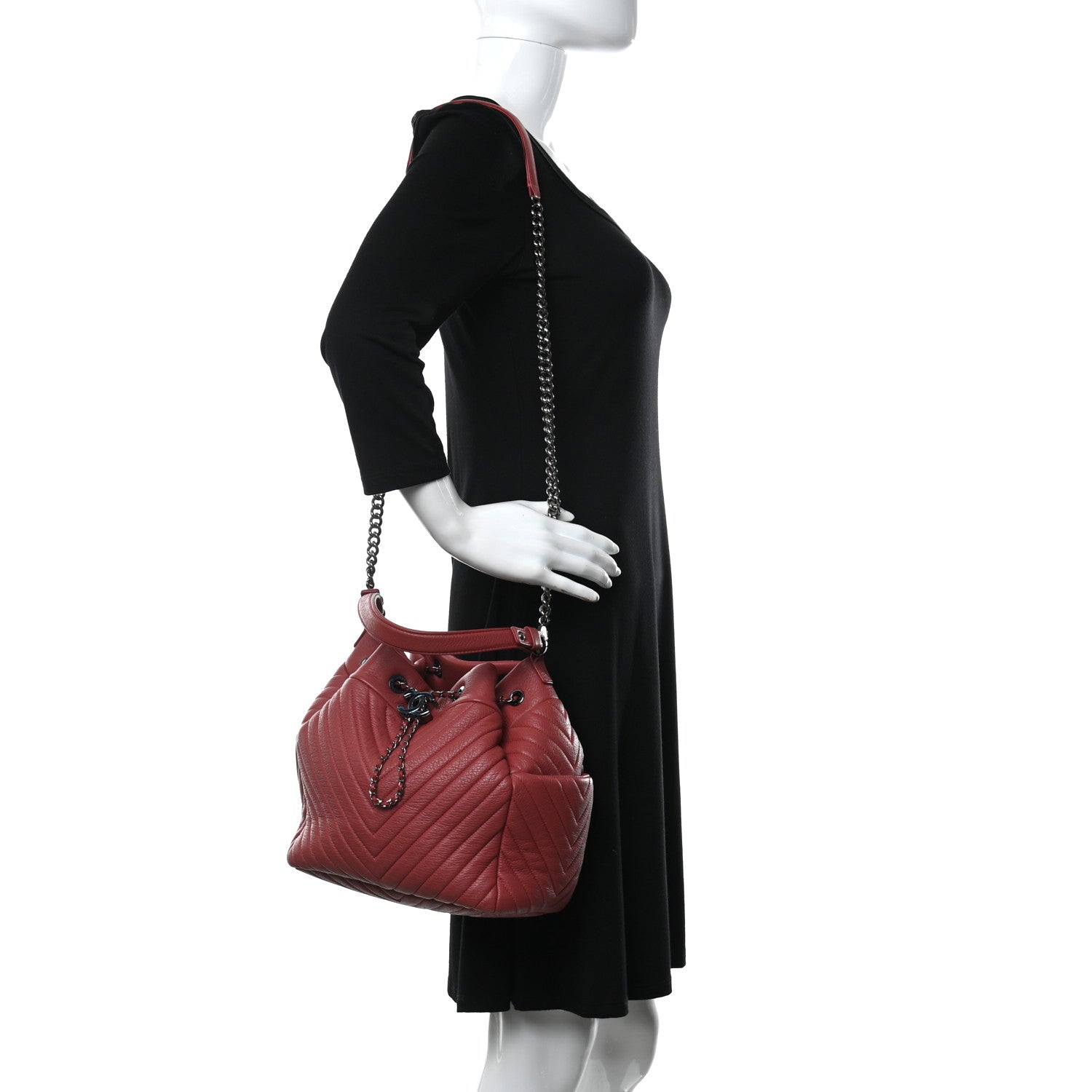 Chanel Deerskin Chevron Quilted Medium CC Chain Bucket Drawstring Bag Red 2 of 12