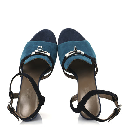 Hermes Suede Goatskin Calas Sandals 37.5 Vert Oxford Bleu Celeste Black 2 of 14