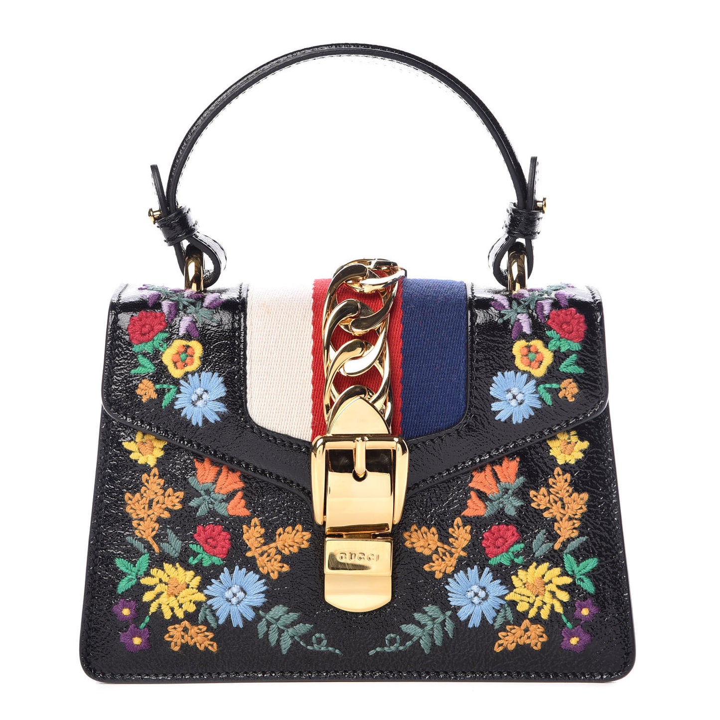 Patent Embroidered Mini Sylvie Top Handle Bag Black