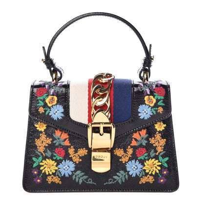 Gucci Patent Embroidered Mini Sylvie Top Handle Bag Black 1 of 9