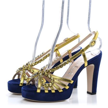 Gucci Velvet Nappa Crystal Zephyra Slingback Platform High Heel Sandals 38 Blue Gold 3 of 8