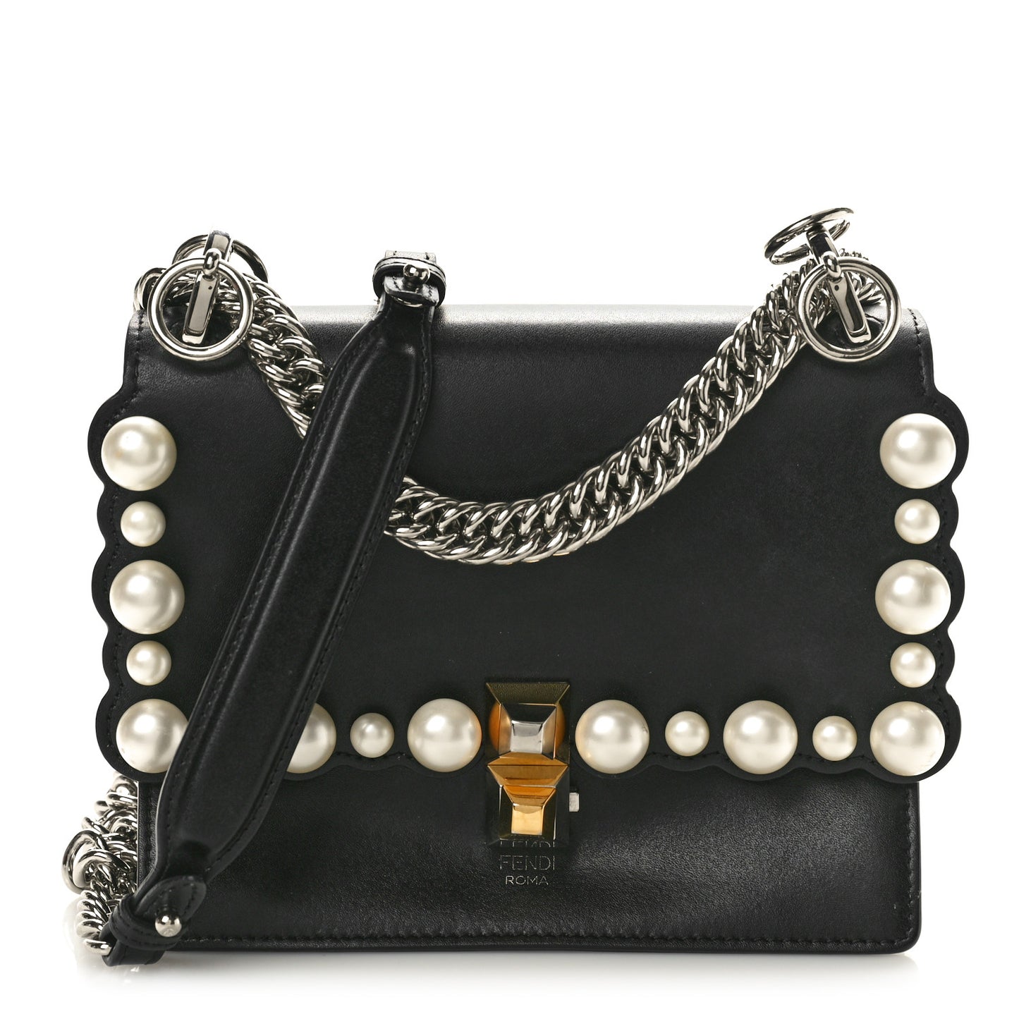 Vitello Liberty Pearl Scalloped Studded Small Kan I Shoulder Bag Black