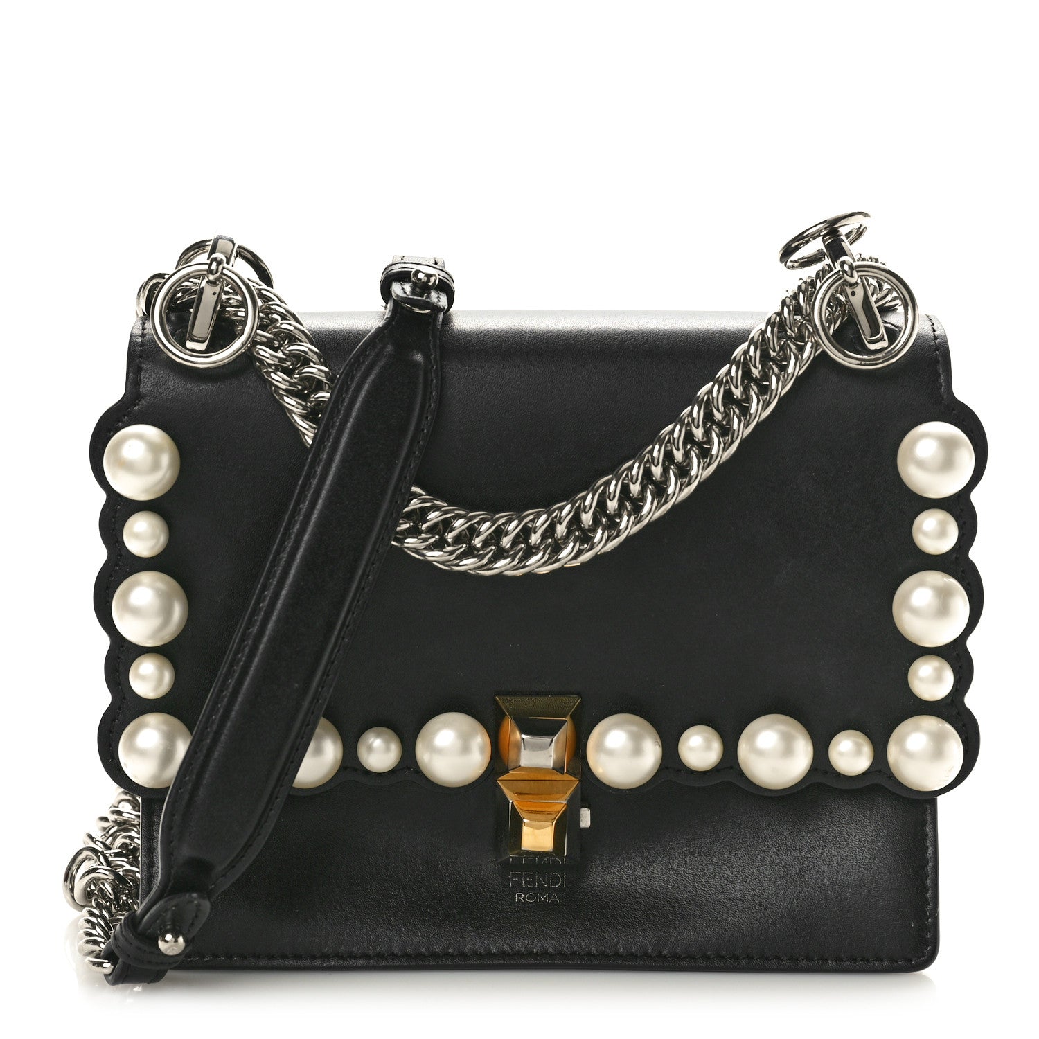 Fendi Vitello Liberty Pearl Scalloped Studded Small Kan I Shoulder Bag Black 1 of 11