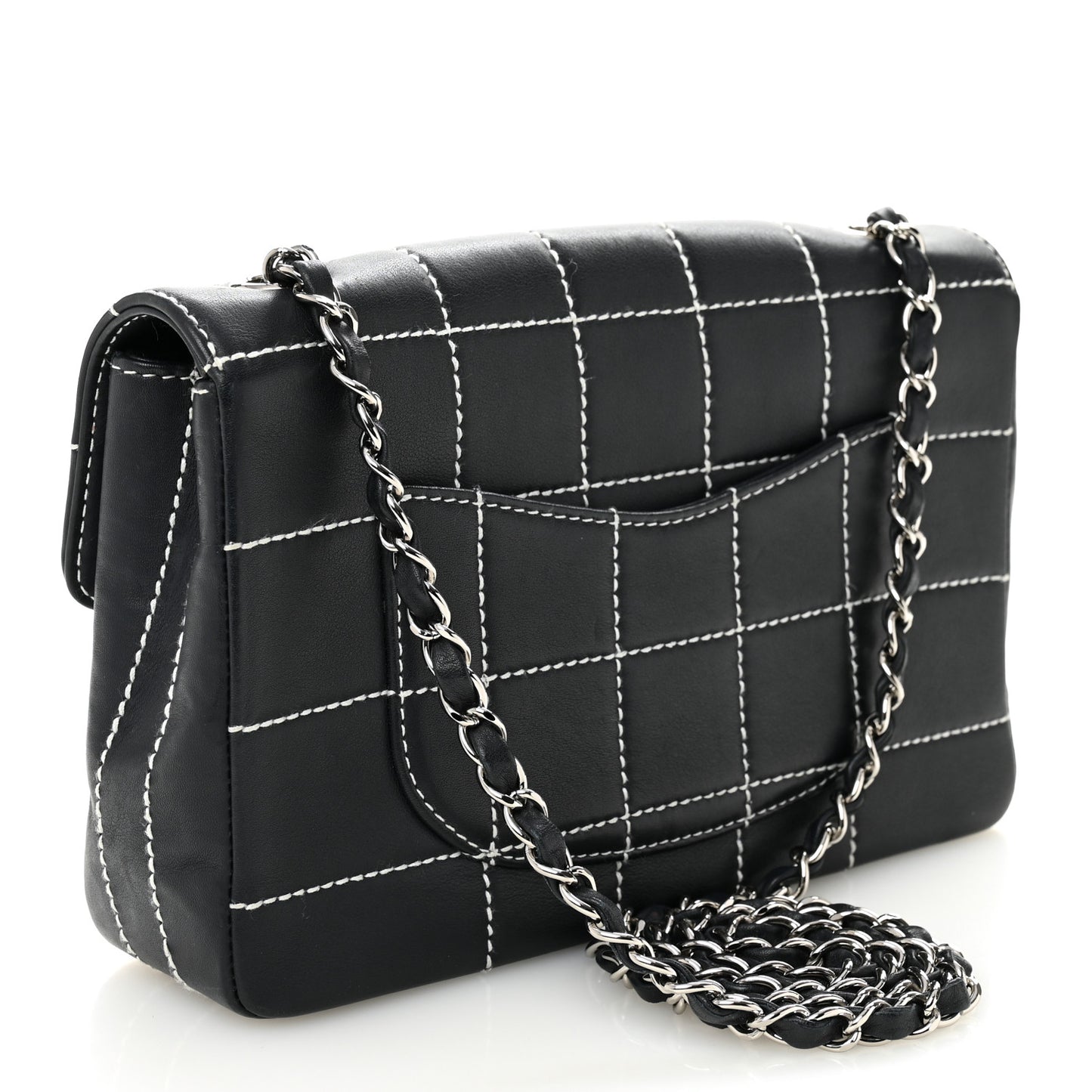 Calfskin Contrast Stitched Medium Single Flap Navy Blue