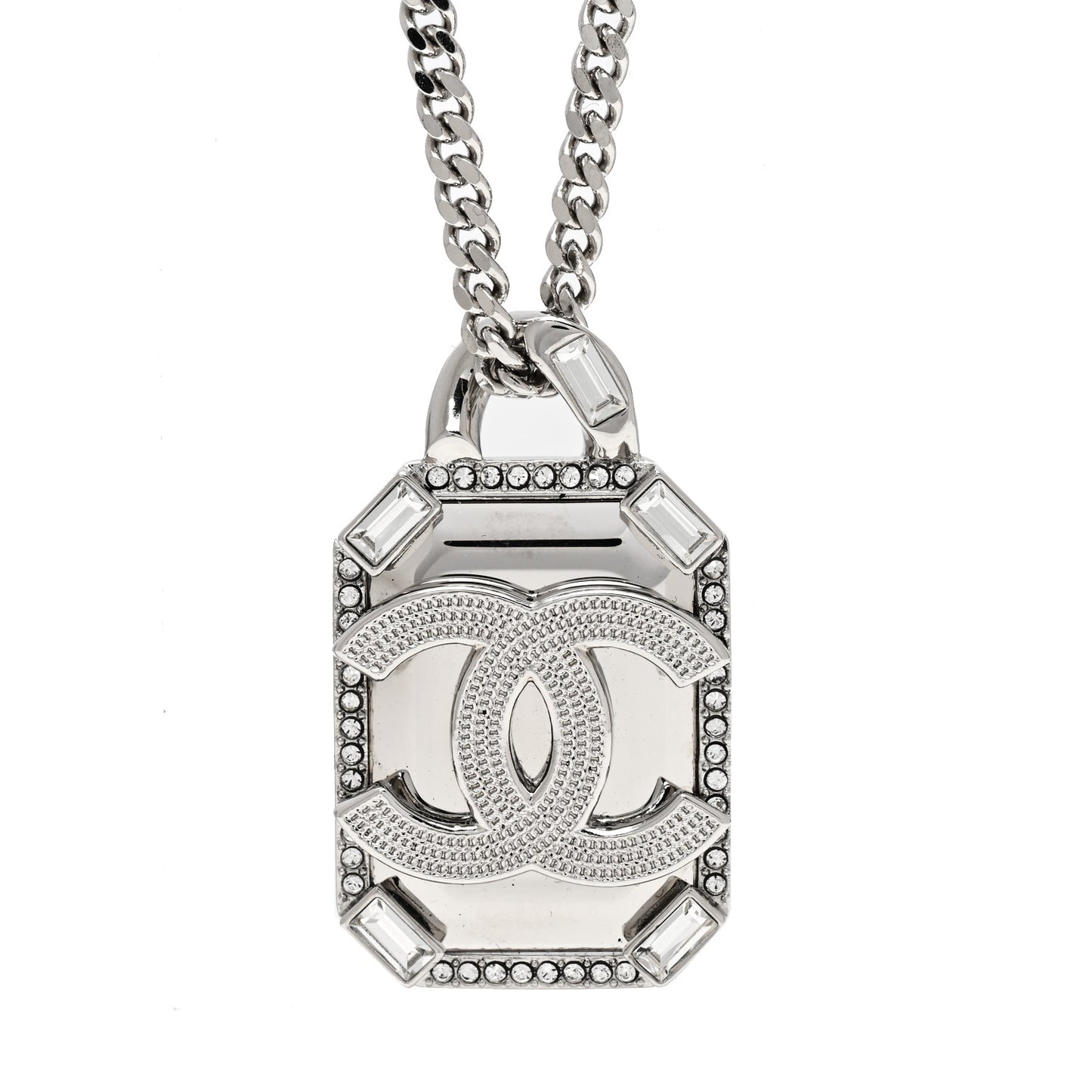 Crystal Baguette CC Mirror Pendant Necklace Silver