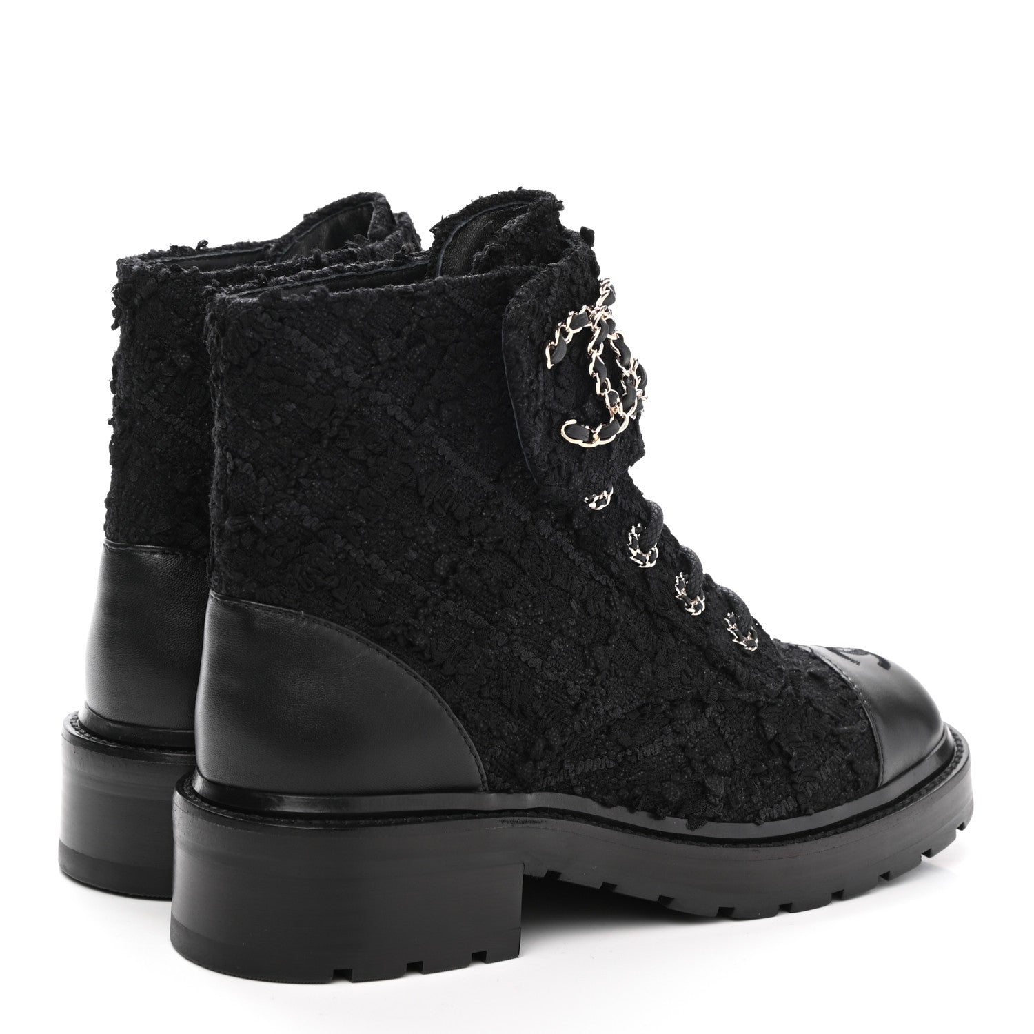 Chanel Tweed Lambskin Quilted Lace Up Combat Boots 37.5 Black 4 of 9