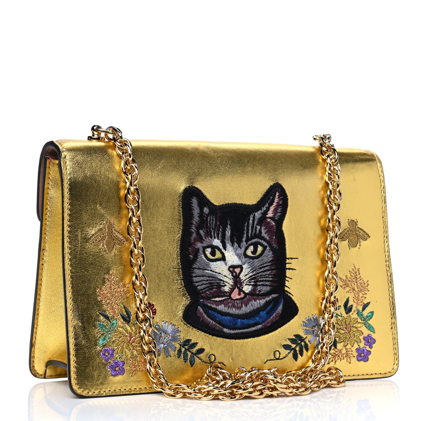 Metallic Calfskin Embroidered Small Shoulder Bag Gold