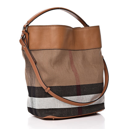 Burberry Grainy Calfskin Canvas Mega Check Medium Ashby Tassel Hobo Saddle Brown 3 of 12