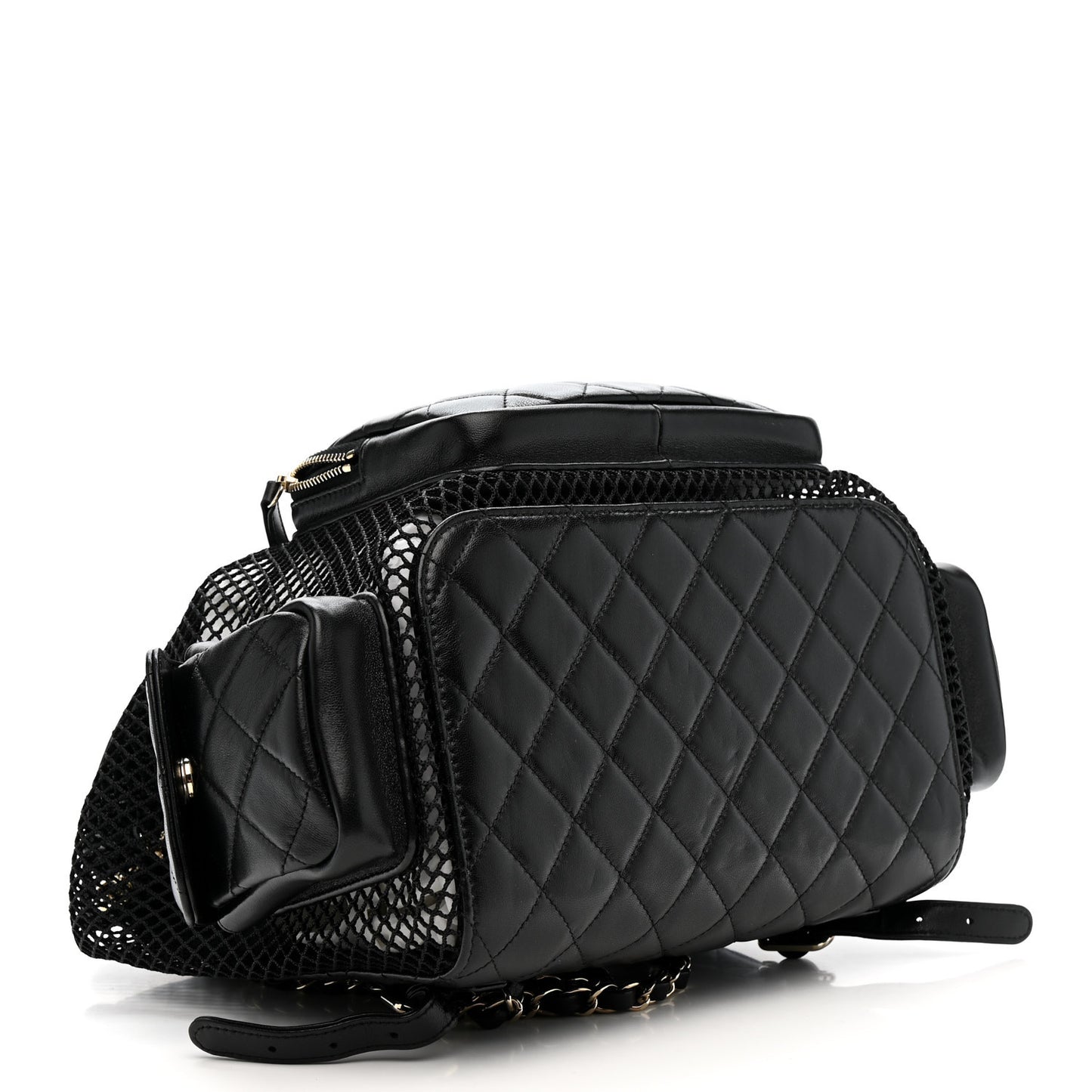 Shiny Lambskin Mesh Quilted Large Cargo Duma Drawstring Backpack Black