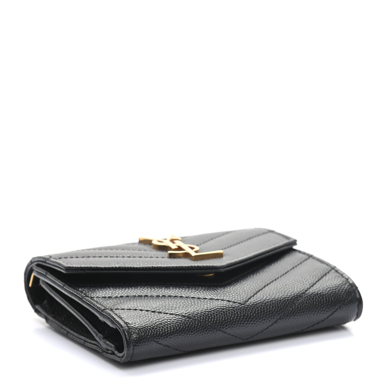 Saint Laurent Grain De Poudre Matelasse Chevron Monogram Compact Tri Fold Wallet Black 4 of 6