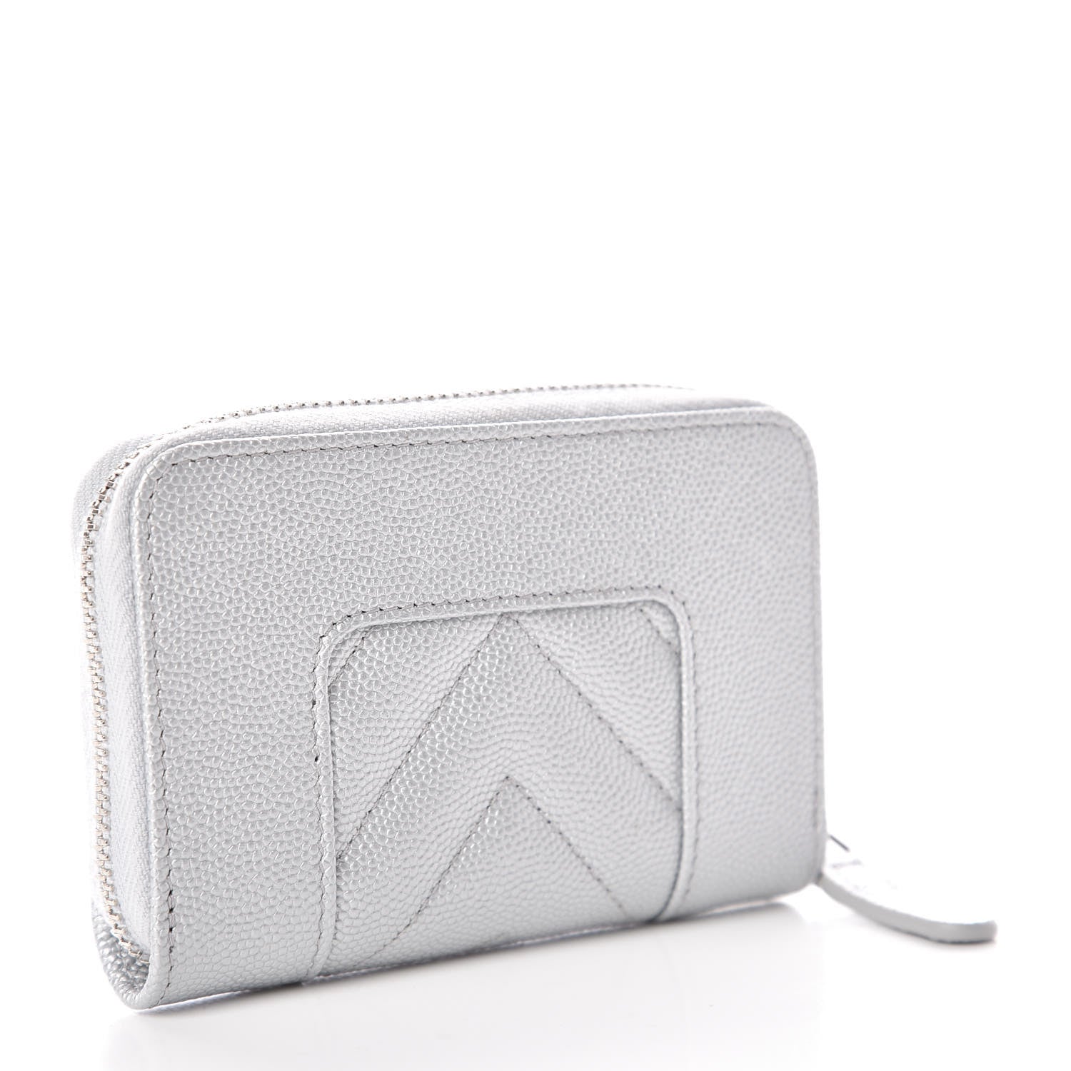 Chanel Metallic Caviar Chevron Quilted Vintage Mademoiselle Zip Coin Purse Silver 3 of 8