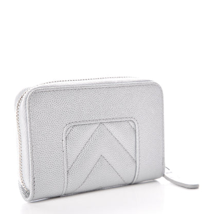 Chanel Metallic Caviar Chevron Quilted Vintage Mademoiselle Zip Coin Purse Silver 3 of 8