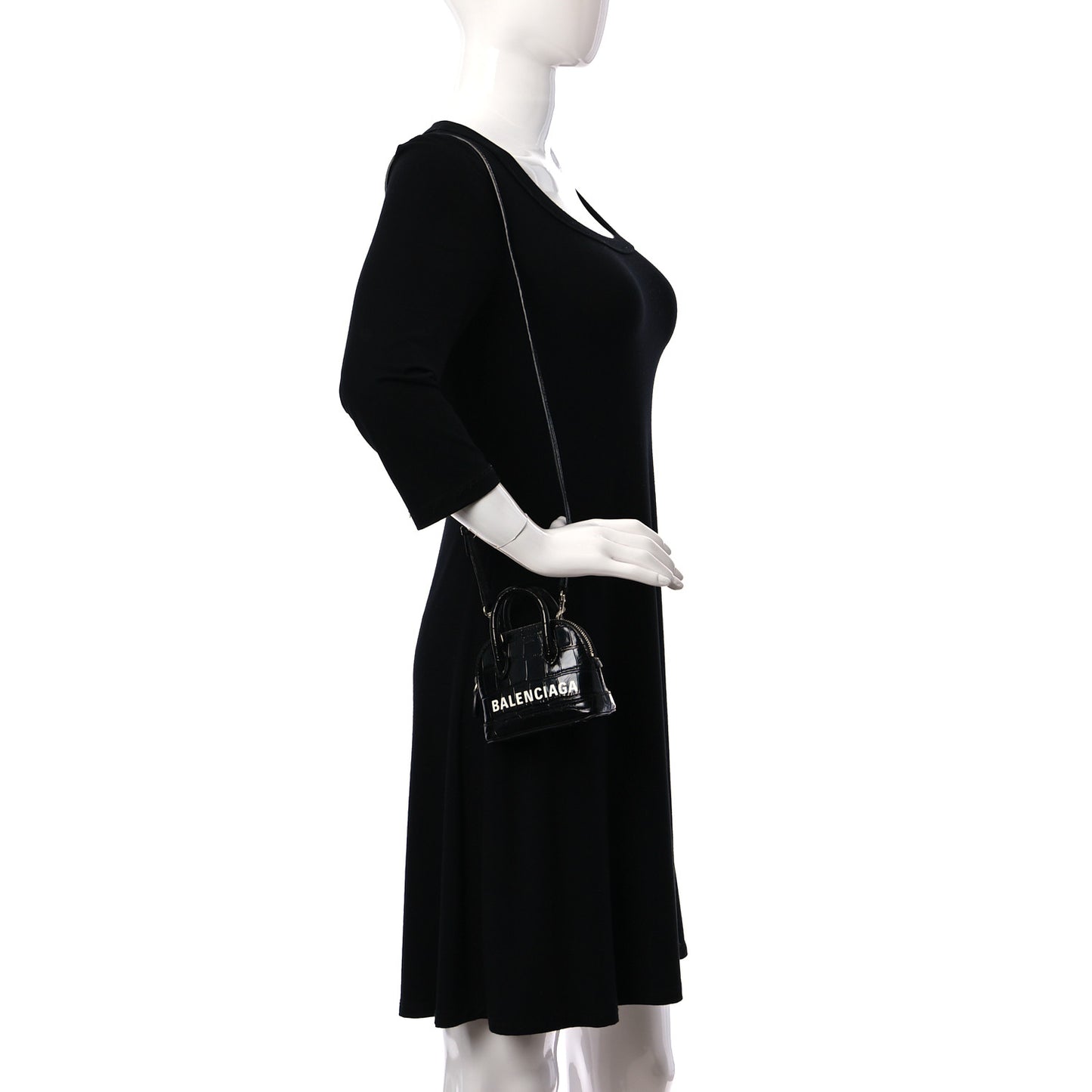 Shiny Calfskin Logo Crocodile Embossed Mini Ville Top Handle Bag Black