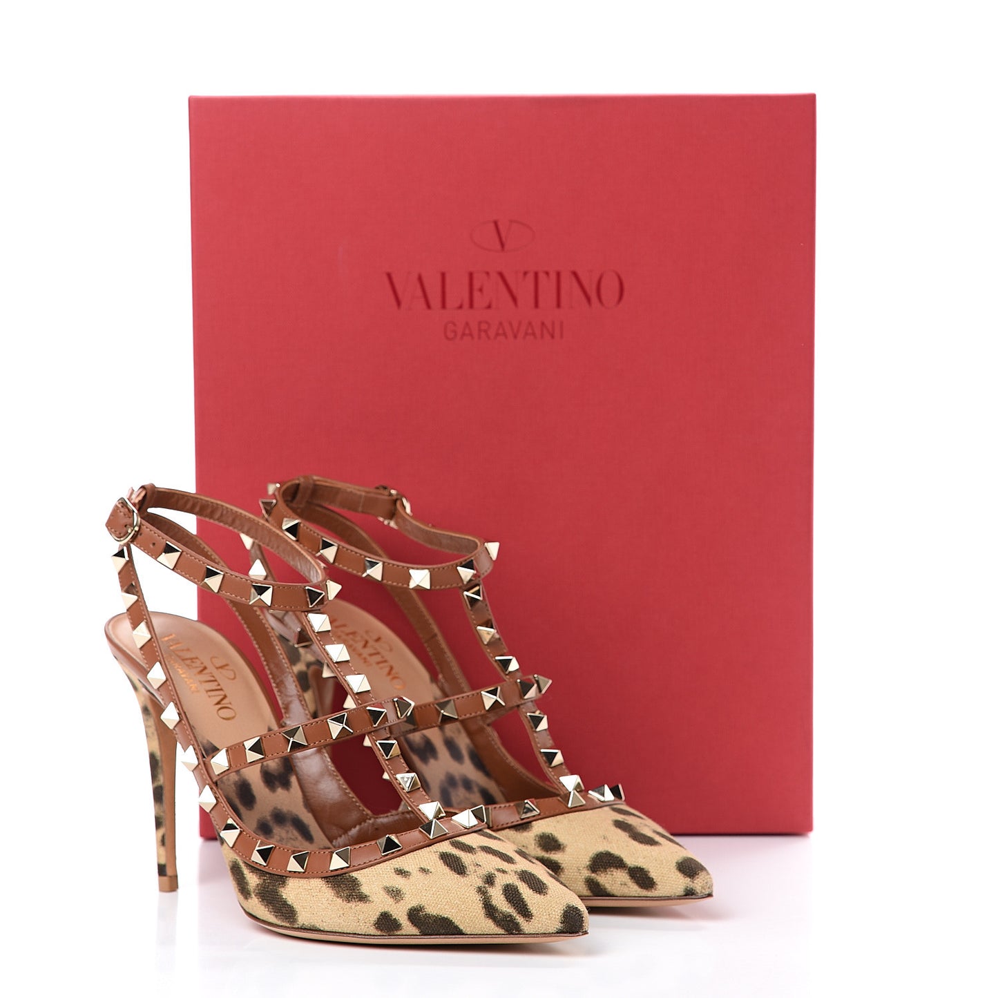 Canvas Leopard Print Rockstud Ankle Strap Pumps 37.5 Brown