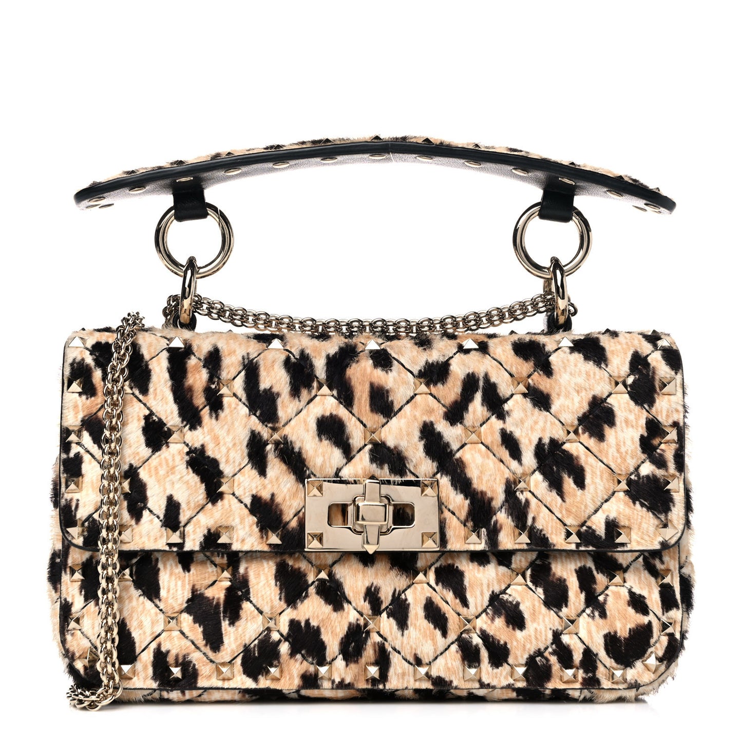 Calf Hair Leopard Print Small Rockstud Spike Shoulder Bag