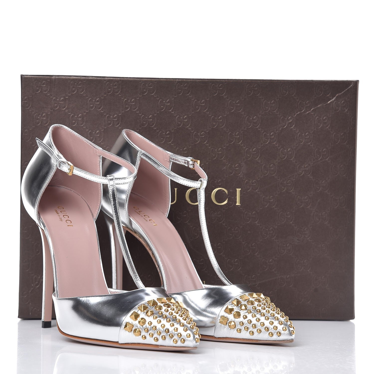 Gucci Metallic Nappa Studded Glow Light T-Strap Pumps 39 Silver 9 of 9