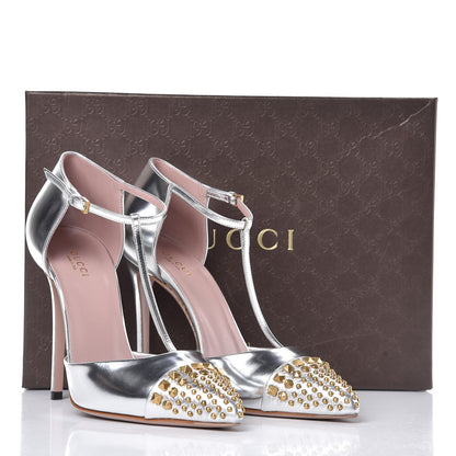 Gucci Metallic Nappa Studded Glow Light T-Strap Pumps 39 Silver 9 of 9
