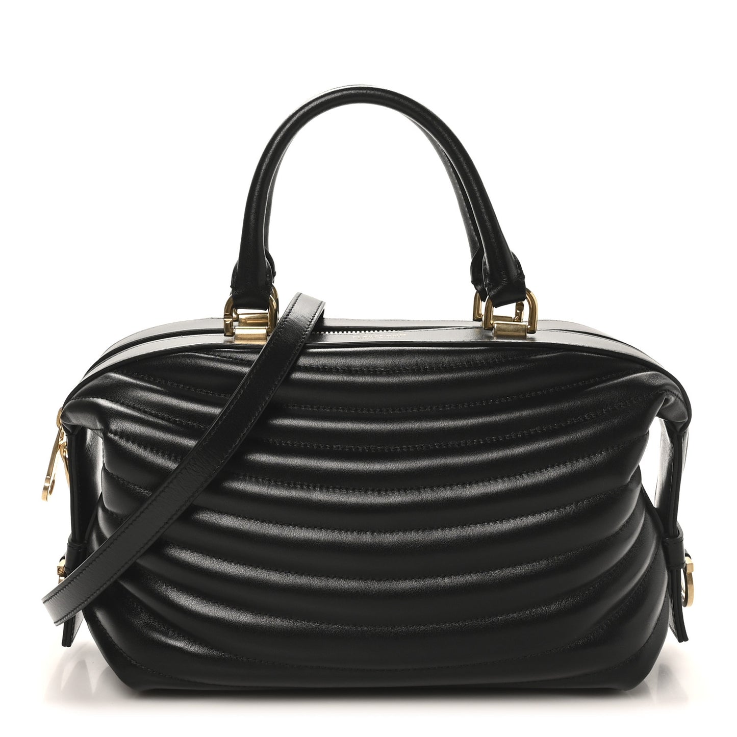 Calfskin Quilted Bowling Top Handle Shoulder Bag Black