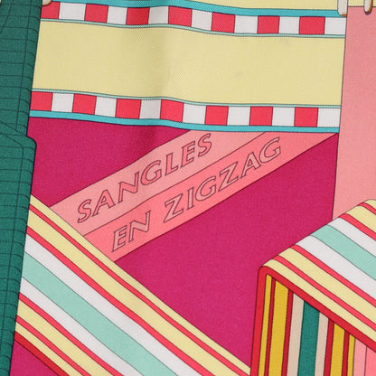 Hermes Silk Sangles En Zigzag Scarf 90 Fuchsia Vert Jaune 3 of 7