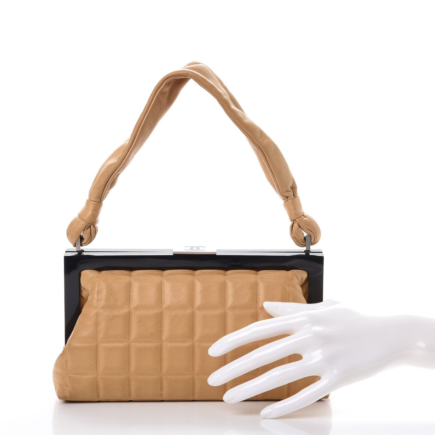 Lambskin Chocolate Bar Quilted Frame Bag Beige Black