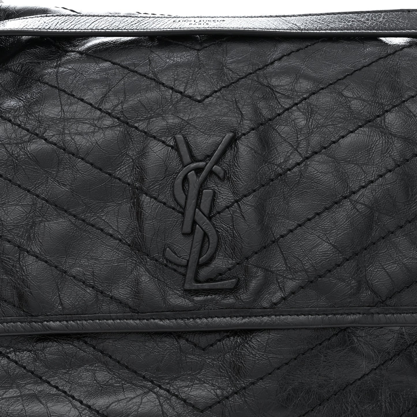 Crinkled Calfskin Matelasse Monogram Large Niki Chain Satchel Black