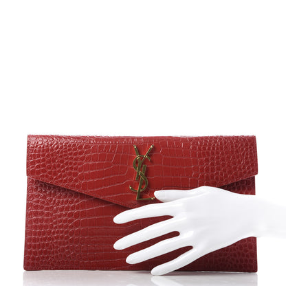 Saint Laurent Calfskin Crocodile Embossed Uptown Monogram Clutch Rouge Eros 2 of 7