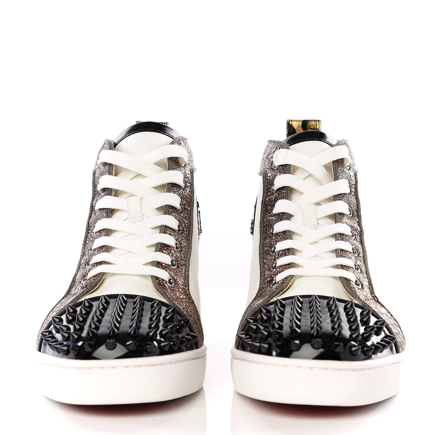 Calfskin Patent Lame Hibiscus Mens Louis Spikes High Top Sneaker 41.5 Black Gold White