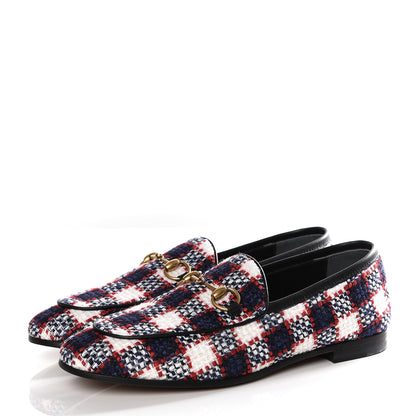 Gucci Vintage Tweed Check Horsebit Womens Jordaan Loafers 35.5 White Hibiscus Red Marine 3 of 11