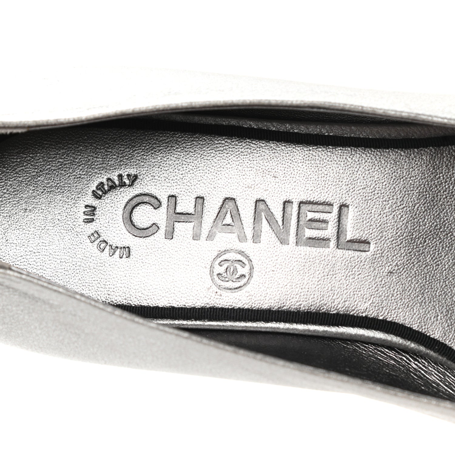 Chanel Metallic Calfskin Grosgrain Cap Toe CC Ballerina Flats 37 Silver Black 7 of 9