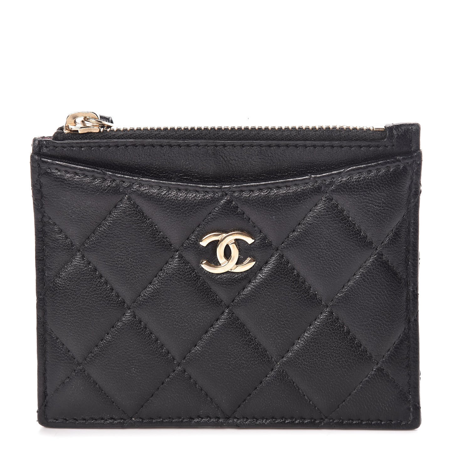 Lambskin Quilted Zip Card Holder Black