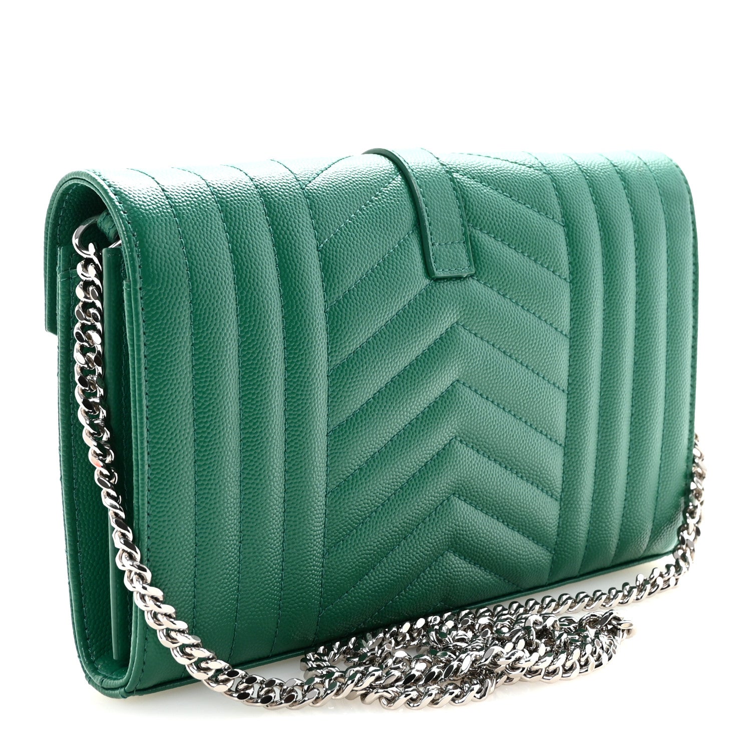 Saint Laurent Grain De Poudre Mixed Matelasse Triquilt Monogram Chain Wallet Green Field 3 of 9