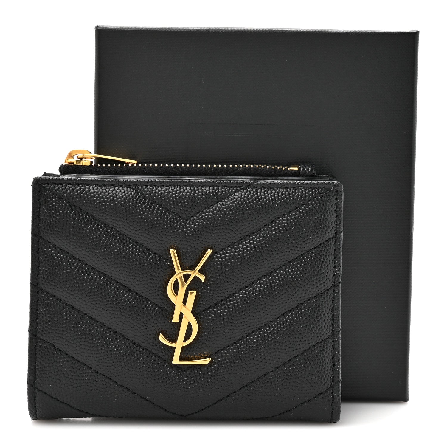 Saint Laurent Grain De Poudre Matelasse Chevron Monogram Zipped Card Case Black 9 of 9