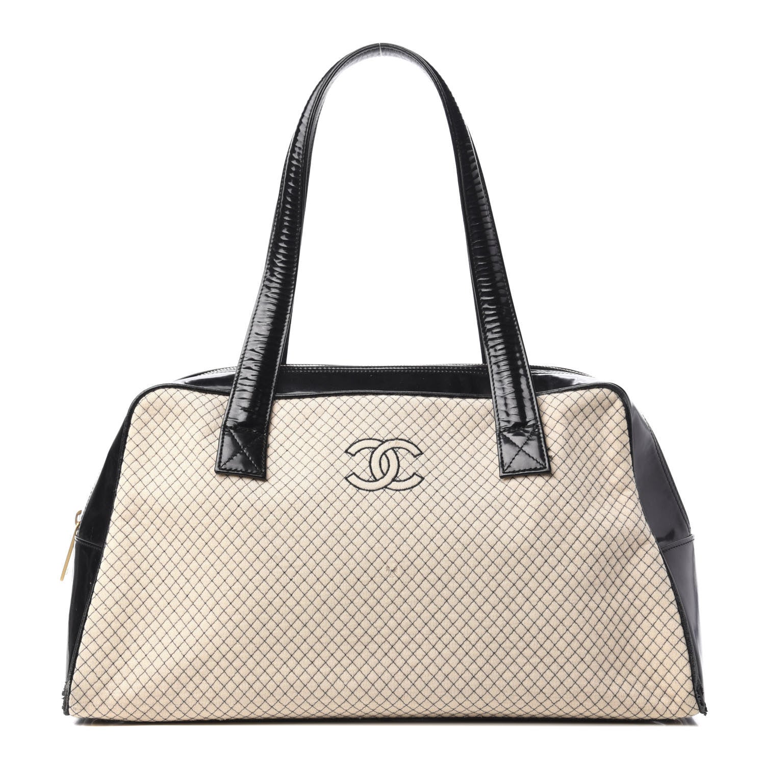 Chanel Patent Jersey Quilted Bowler Ivory Black 1 of 12