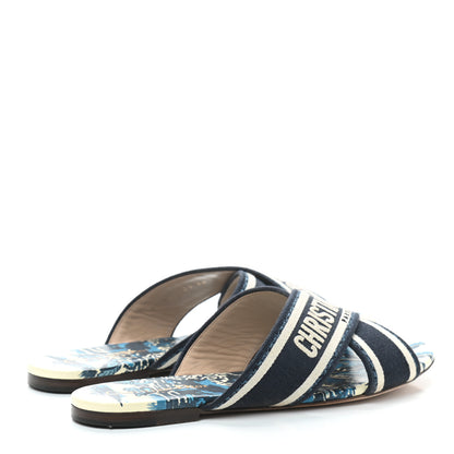 Christian Dior Canvas Palms Embroidered Dway Criss Cross Slide Sandals 38 Indigo Blue 4 of 9