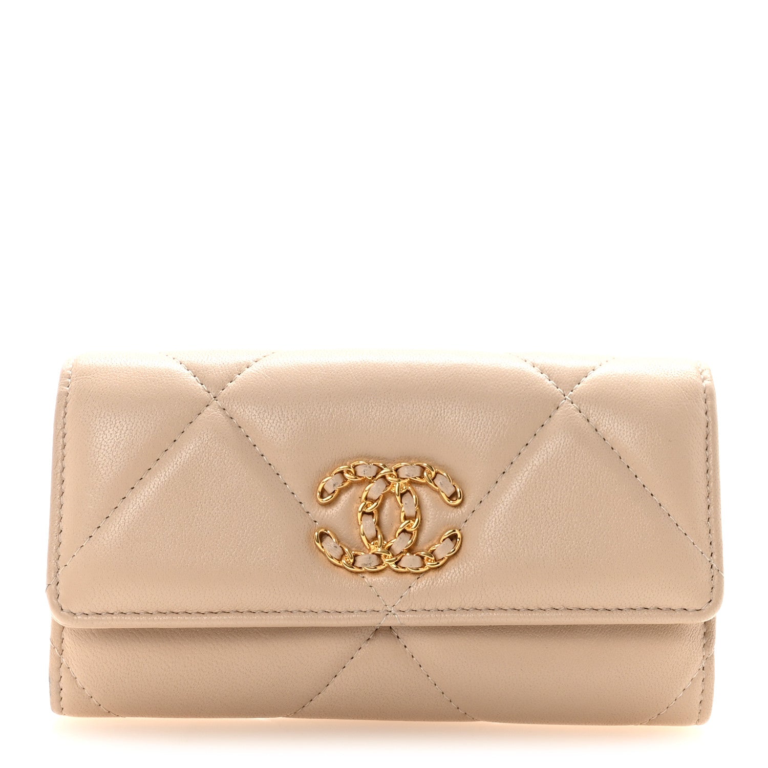 Chanel Shiny Goatskin Quilted Chanel 19 Flap Wallet Beige 1 of 9