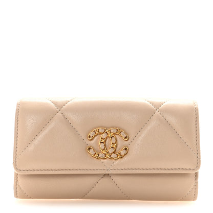 Chanel Shiny Goatskin Quilted Chanel 19 Flap Wallet Beige 1 of 9