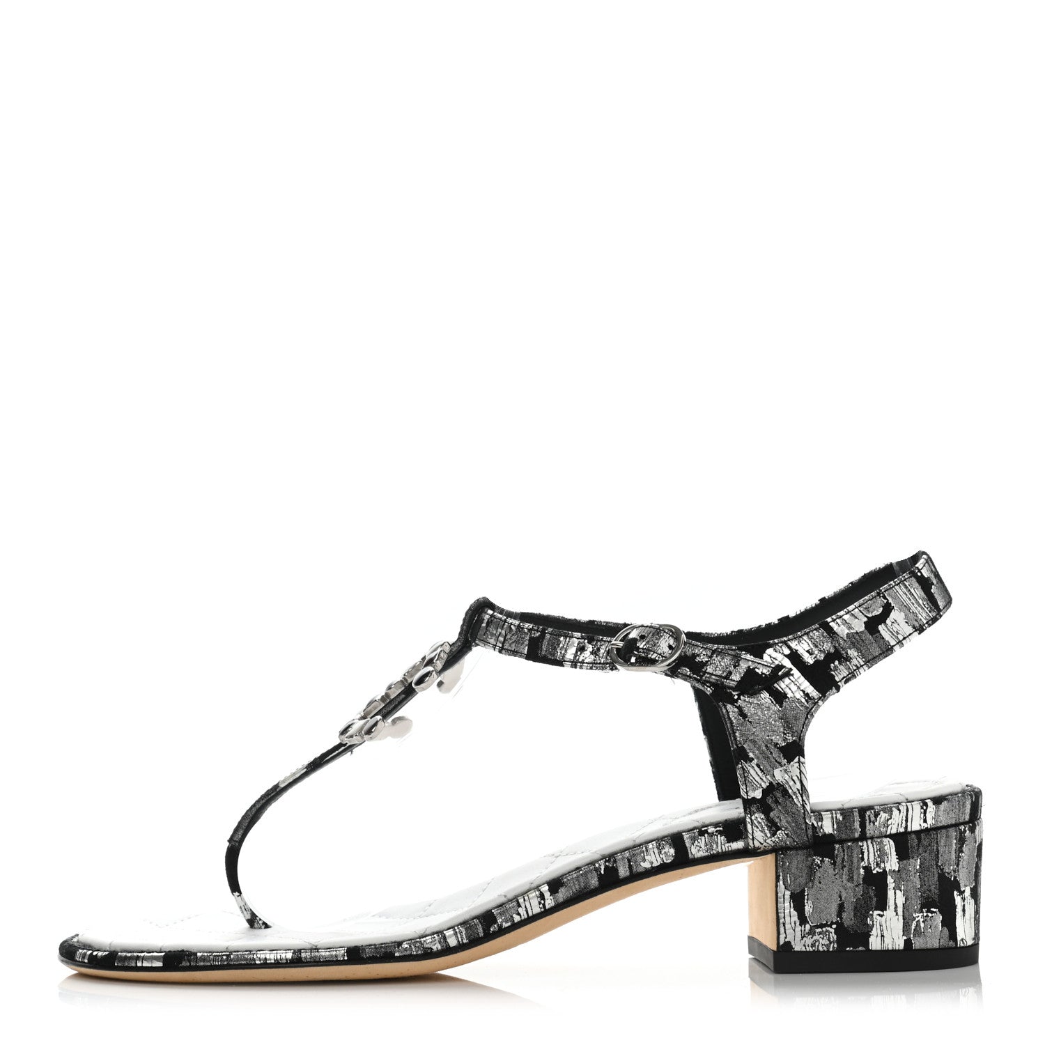 Chanel Laminated Suede Goatskin CC Thong Sandals 38.5 Black Silver 1 of 12