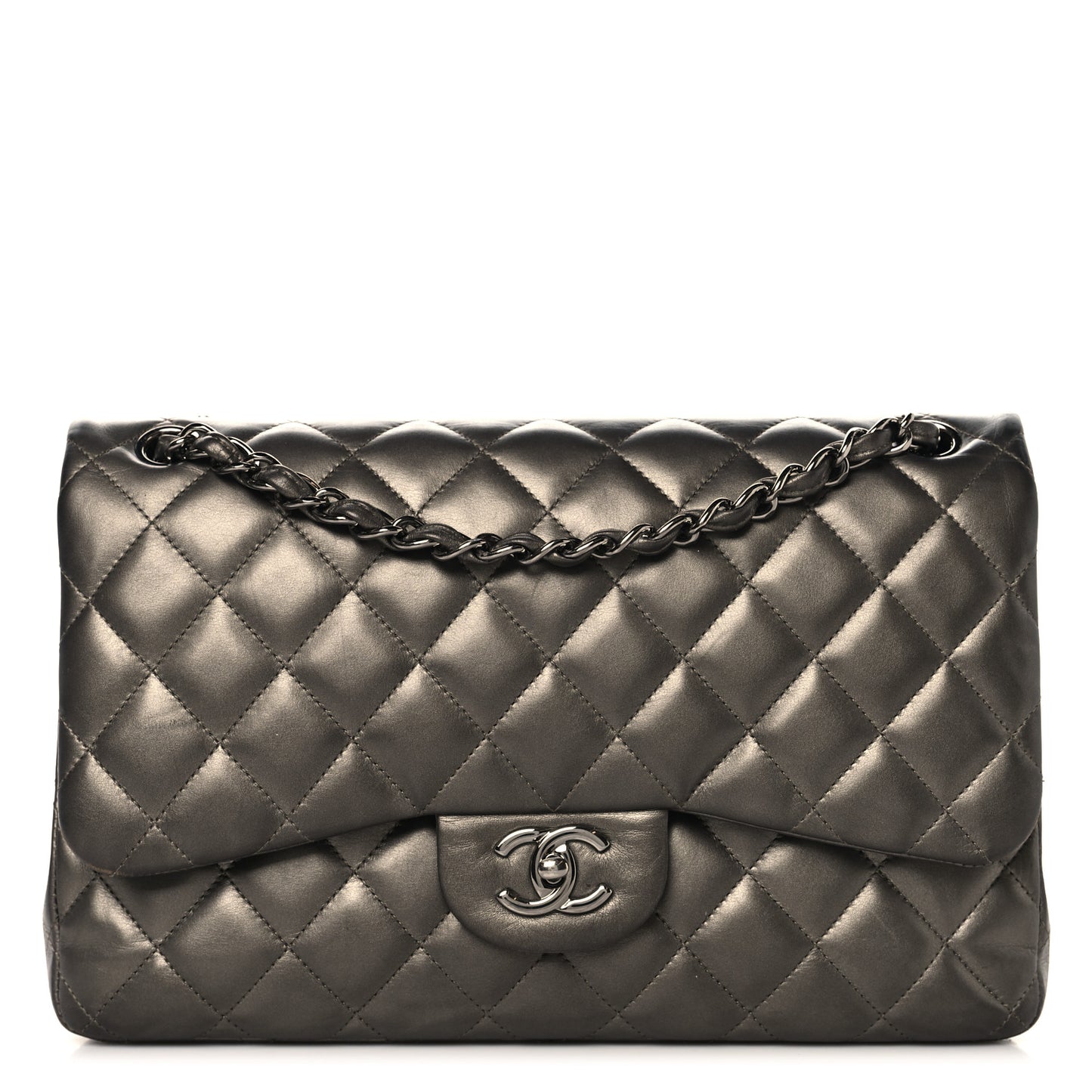 Metallic Lambskin Quilted Jumbo Double Flap Pewter