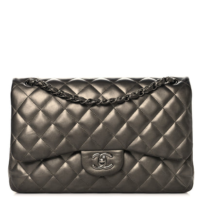 Chanel Metallic Lambskin Quilted Jumbo Double Flap Pewter 1 of 14