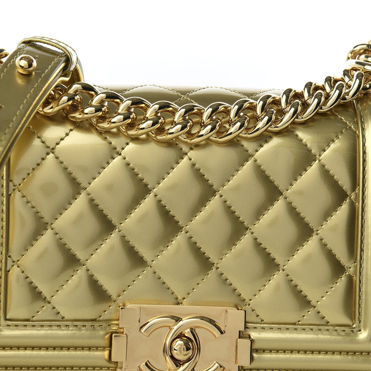 Metallic Patent Calfskin Quilted Small Boy Flap Gold