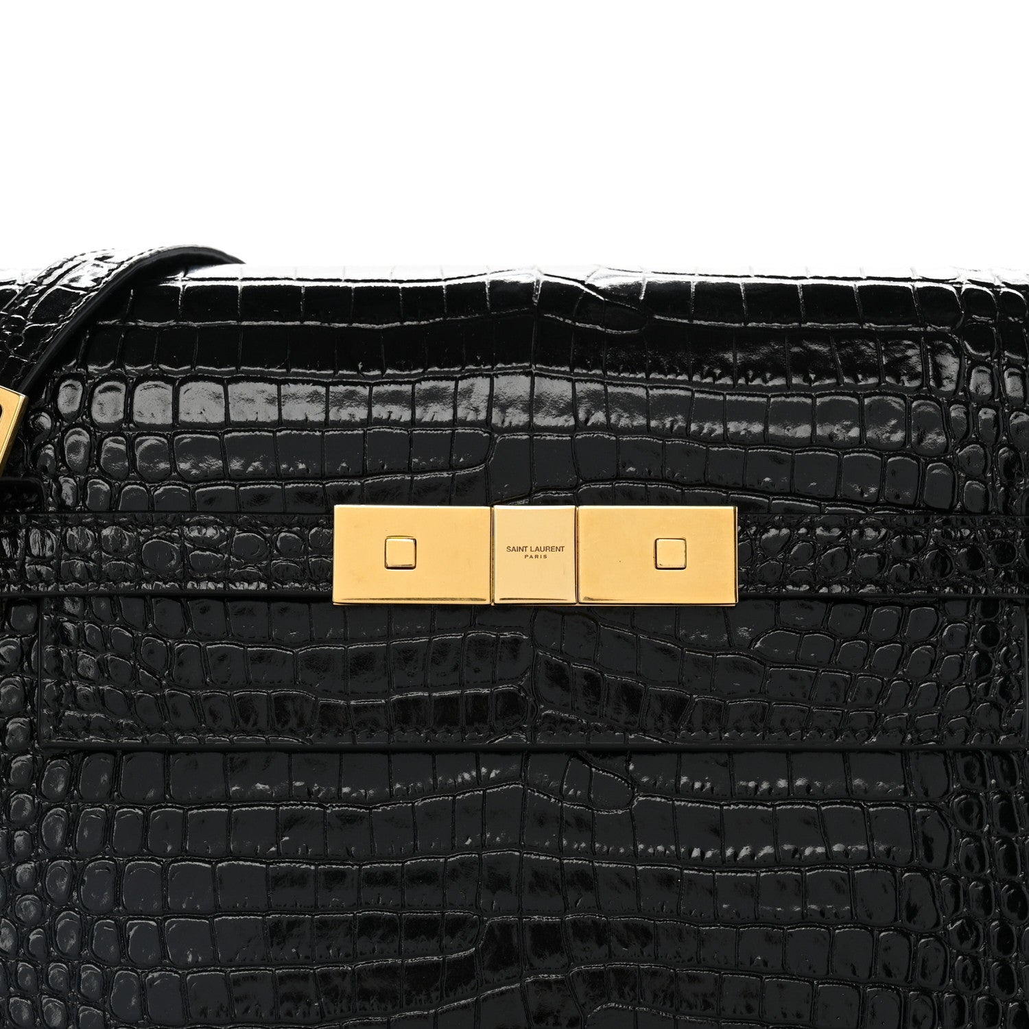 Saint Laurent Shiny Calfskin Crocodile Embossed Small Manhattan Baguette Black 8 of 11