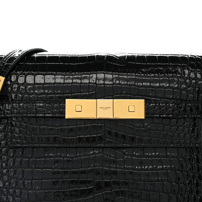 Saint Laurent Shiny Calfskin Crocodile Embossed Small Manhattan Baguette Black 8 of 11
