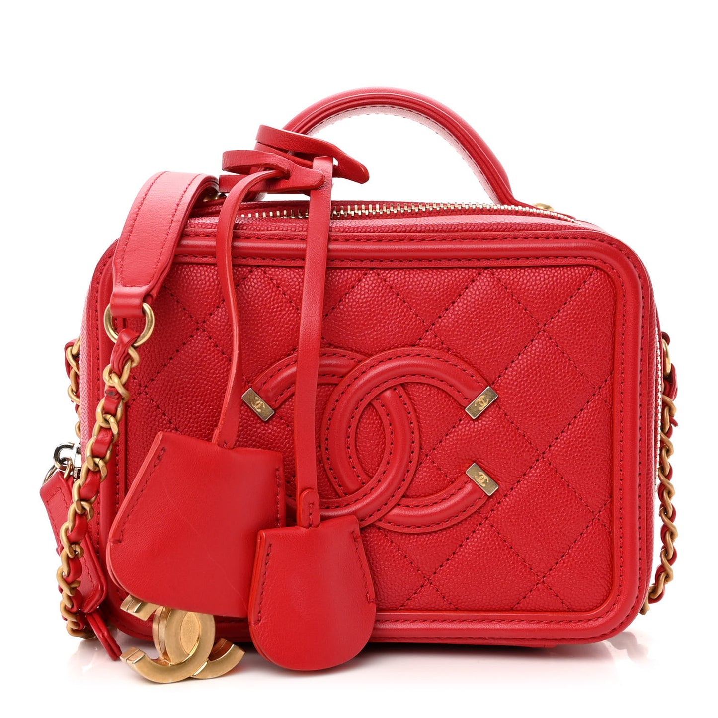 Caviar Quilted Small CC Filigree Vanity Case Red