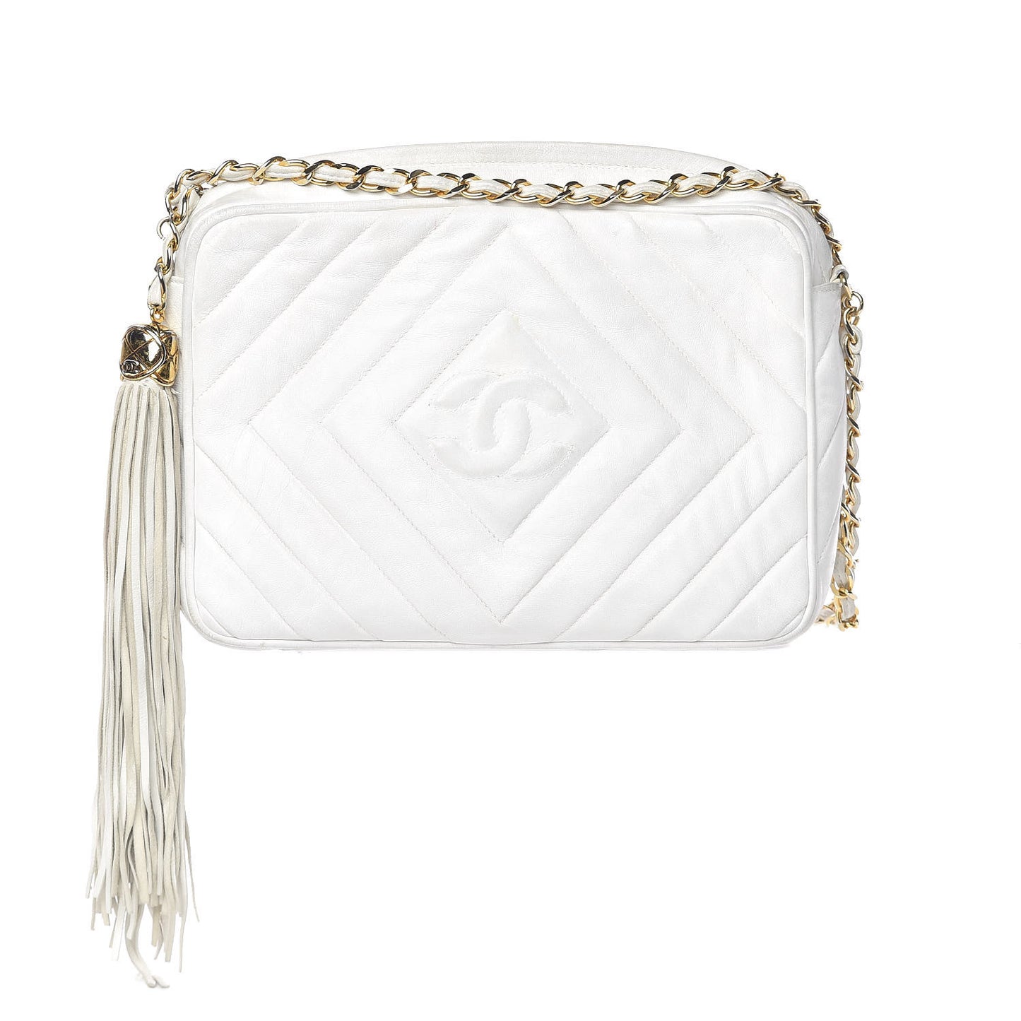 Lambskin Chevron Quilted Medium Tassel Camera Case White
