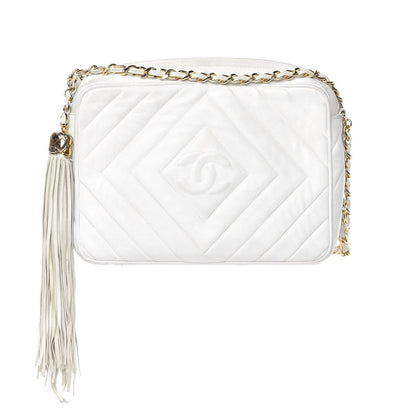 Chanel Lambskin Chevron Quilted Medium Tassel Camera Case White 1 of 21