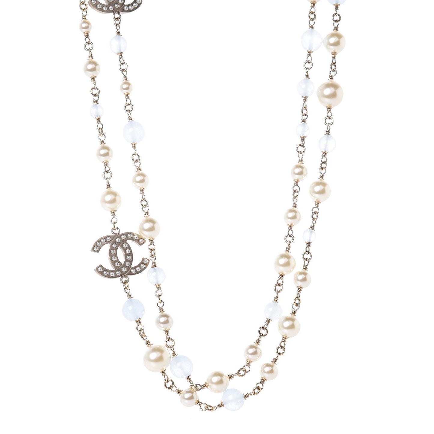 Pearl Bead CC Long Necklace Blue Gold