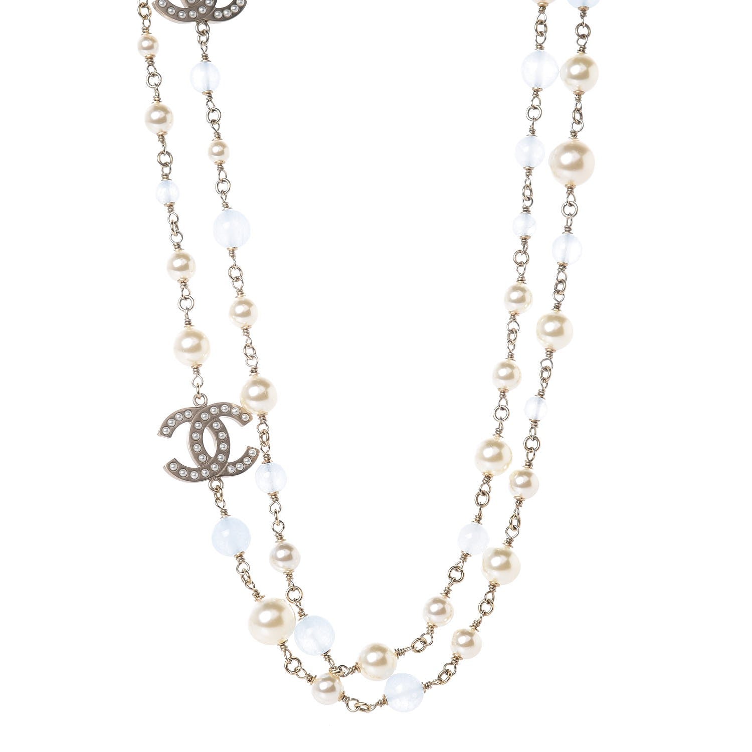Chanel Pearl Bead CC Long Necklace Blue Gold 1 of 5