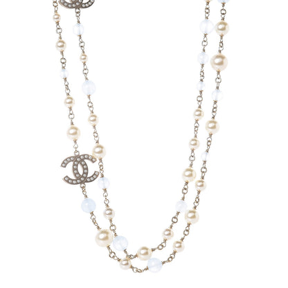 Chanel Pearl Bead CC Long Necklace Blue Gold 1 of 5